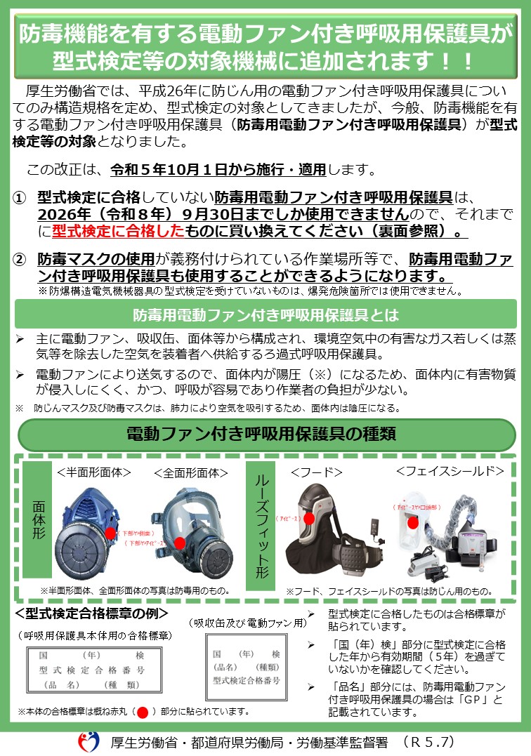 (パンフレット)防毒機能を有する電動ファン付き呼吸用保護具が 型式検定等の対象機械に追加されます!!