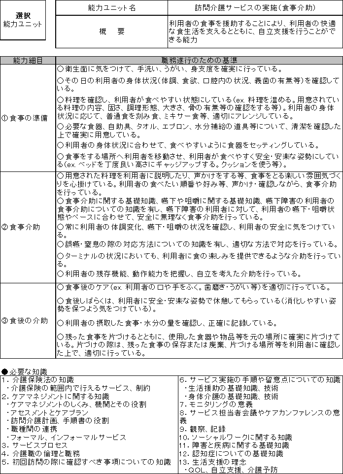 在宅介護業の能力評価基準の例