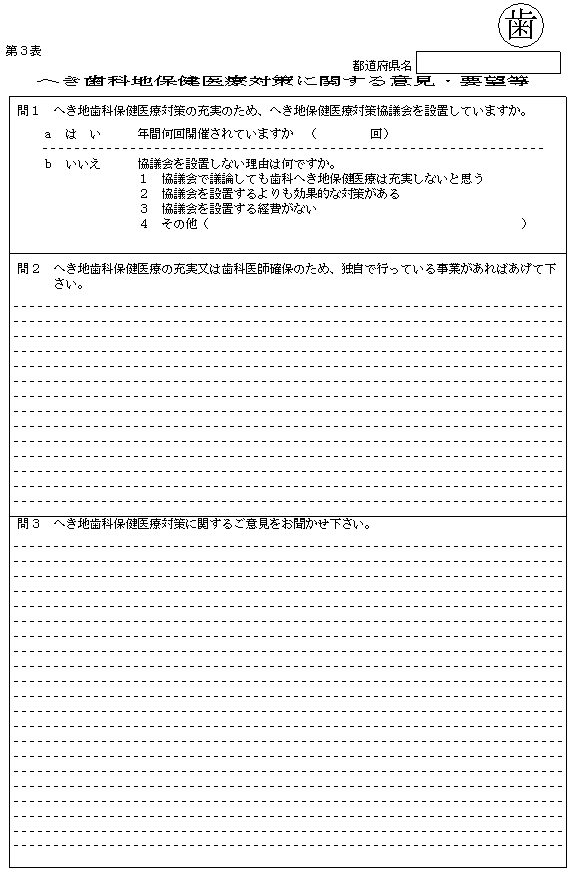 へき歯科地保健医療対策に関する意見・要望等