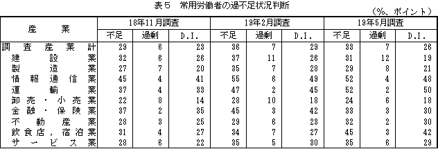 表5 常用労働者の過不足状況判断)
