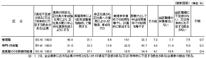 表17 企業の中核となる人材の現在の不足感又は将来的に不足する懸念を解消するために、実施している又は実施を検討している対策別企業割合